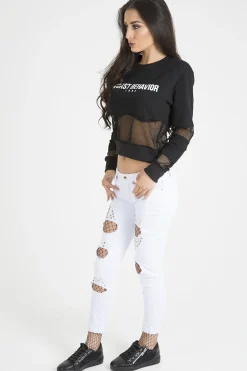 Rebellious Fashion Black Worst Behavior Slogan Cropped Jumper - Adina