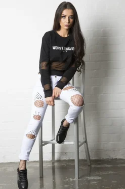 Rebellious Fashion Black Worst Behavior Slogan Cropped Jumper - Adina