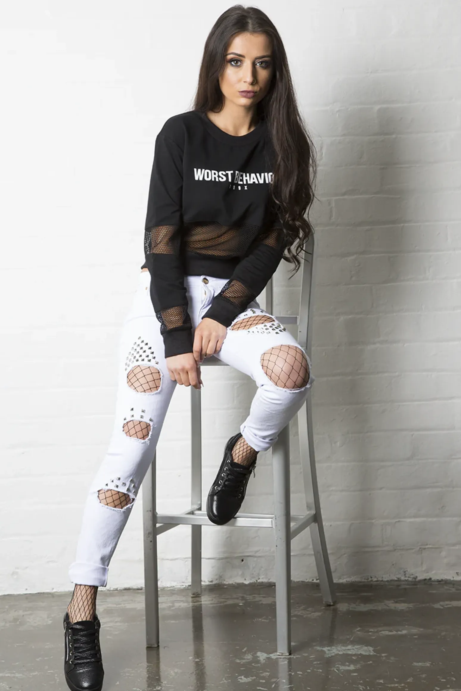 Rebellious Fashion Black Worst Behavior Slogan Cropped Jumper - Adina