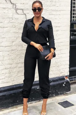 Rebellious Fashion Black Woven Button Down Boiler Jumpsuit - Janise