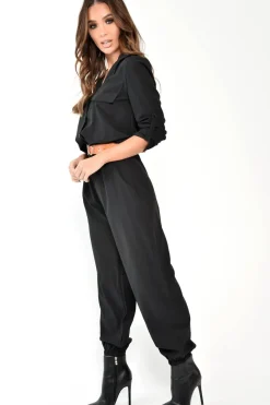 Rebellious Fashion Black Woven Button Down Boiler Jumpsuit - Janise