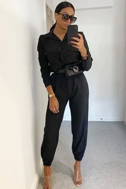 Rebellious Fashion Black Woven Button Down Boiler Jumpsuit - Janise