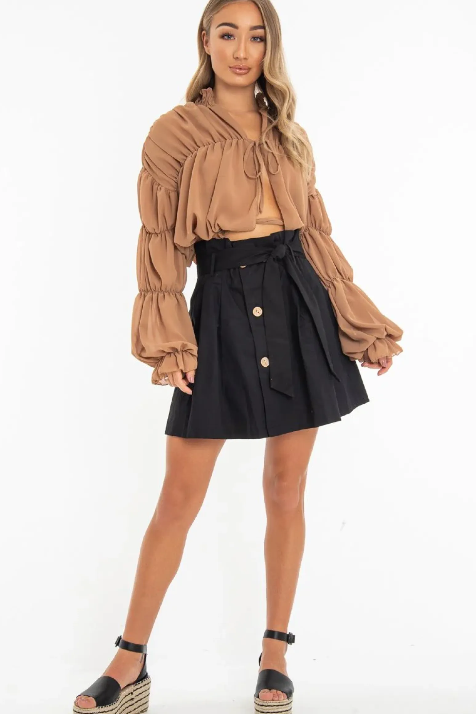 Rebellious Fashion Black Woven Button Front Pleated Mini Skirt - Louisa