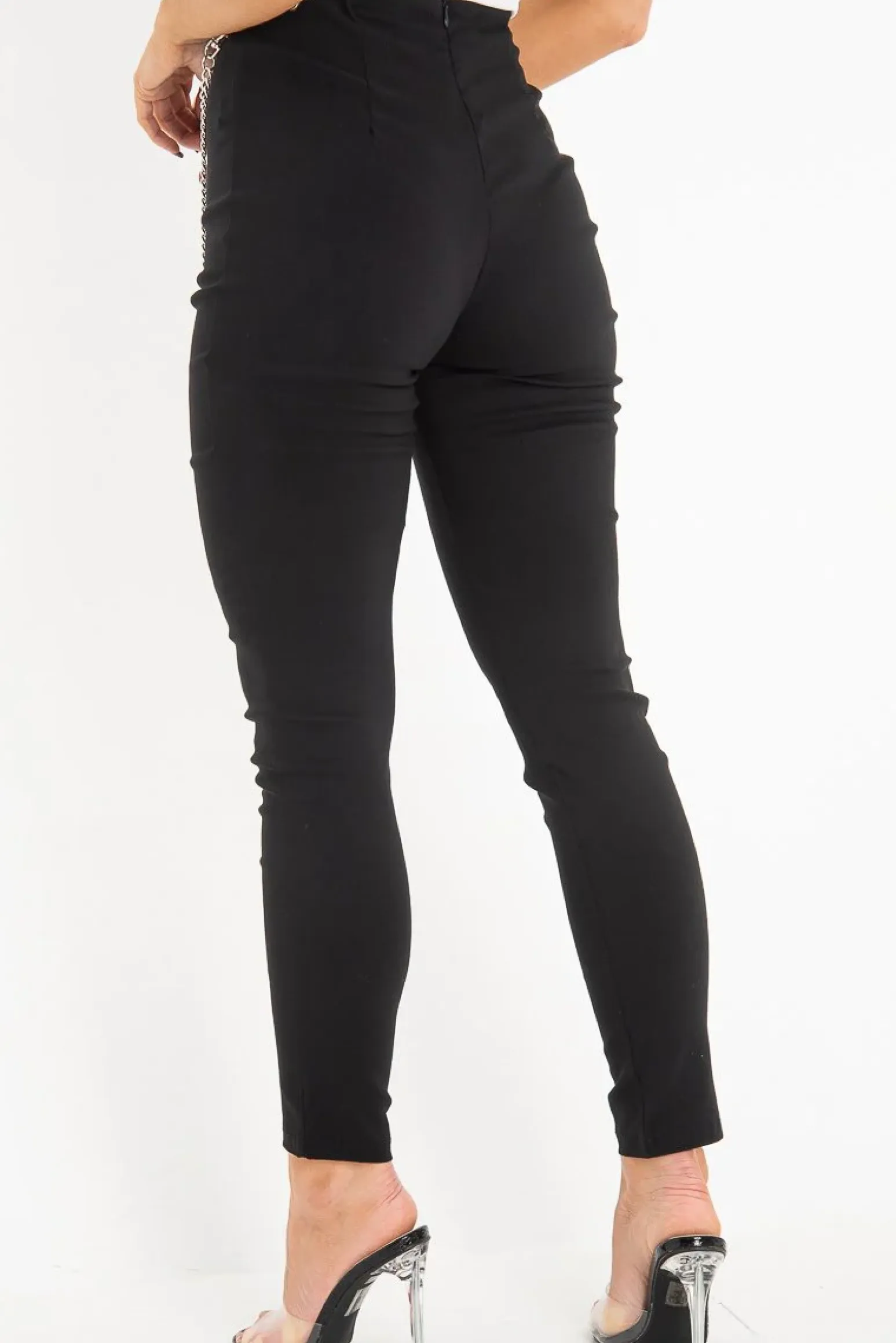 Rebellious Fashion Black Woven Chain Front Tailored Trousers - Cyndi