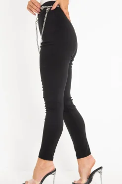 Rebellious Fashion Black Woven Chain Front Tailored Trousers - Cyndi