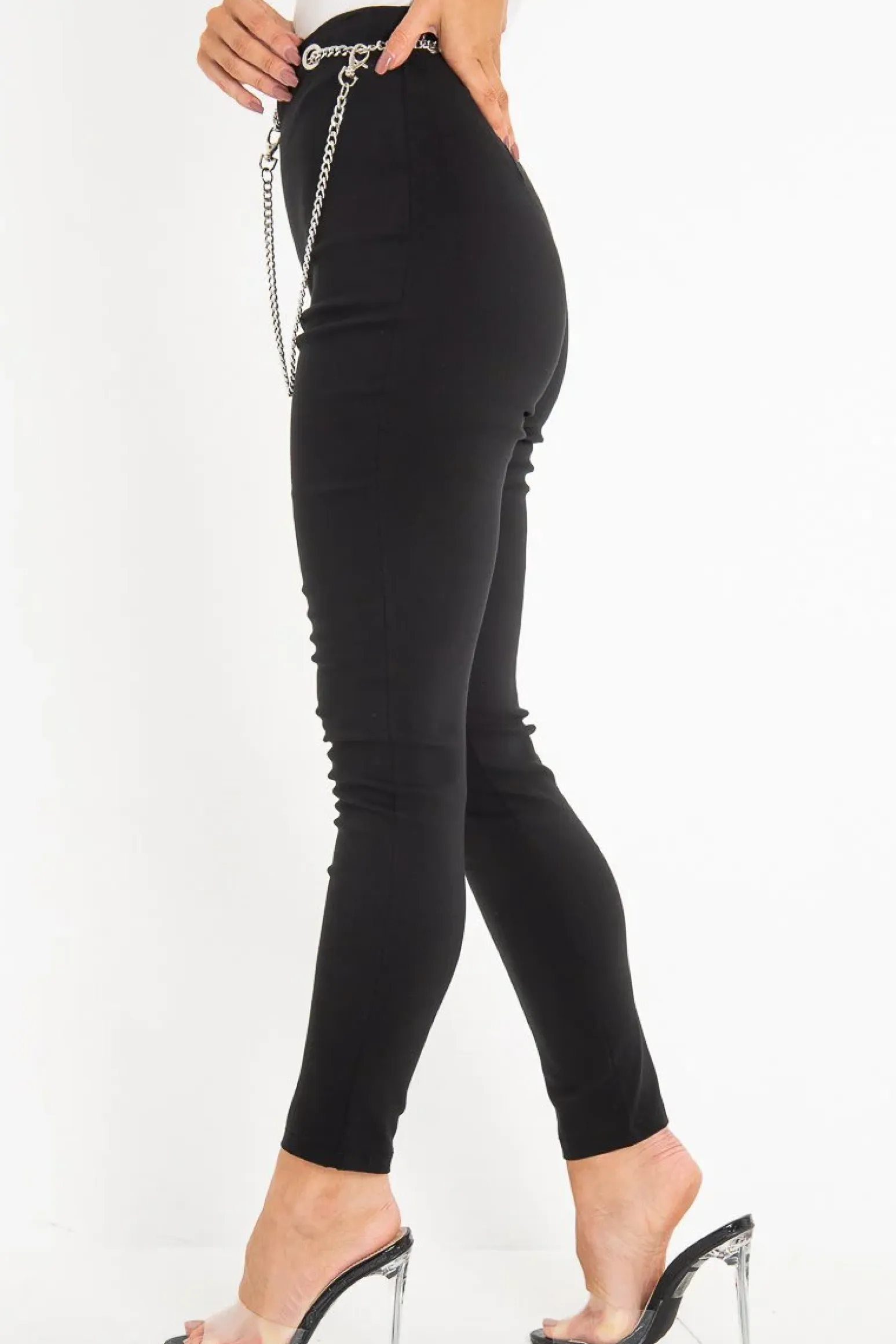 Rebellious Fashion Black Woven Chain Front Tailored Trousers - Cyndi