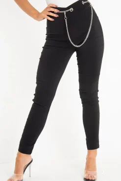 Rebellious Fashion Black Woven Chain Front Tailored Trousers - Cyndi