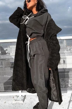 Rebellious Fashion Black Woven Drawstring Hoodie Jogger Co-Ord - Elvira
