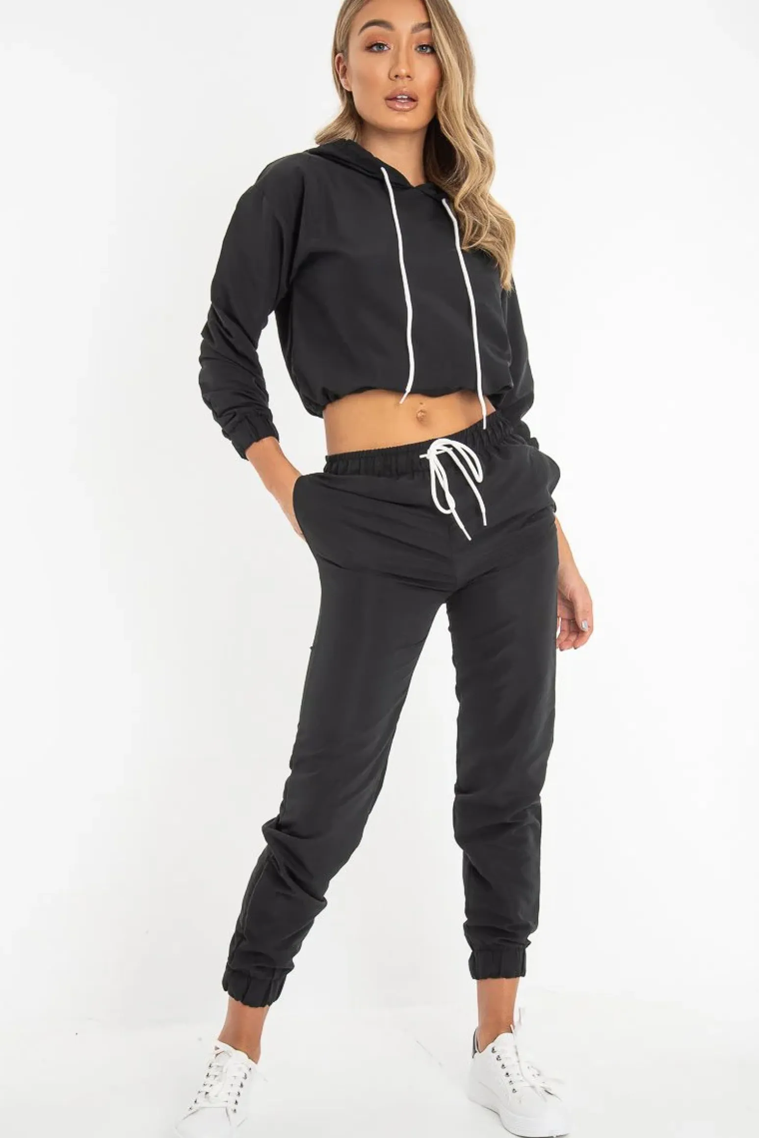 Rebellious Fashion Black Woven Drawstring Hoodie Jogger Co-Ord - Elvira