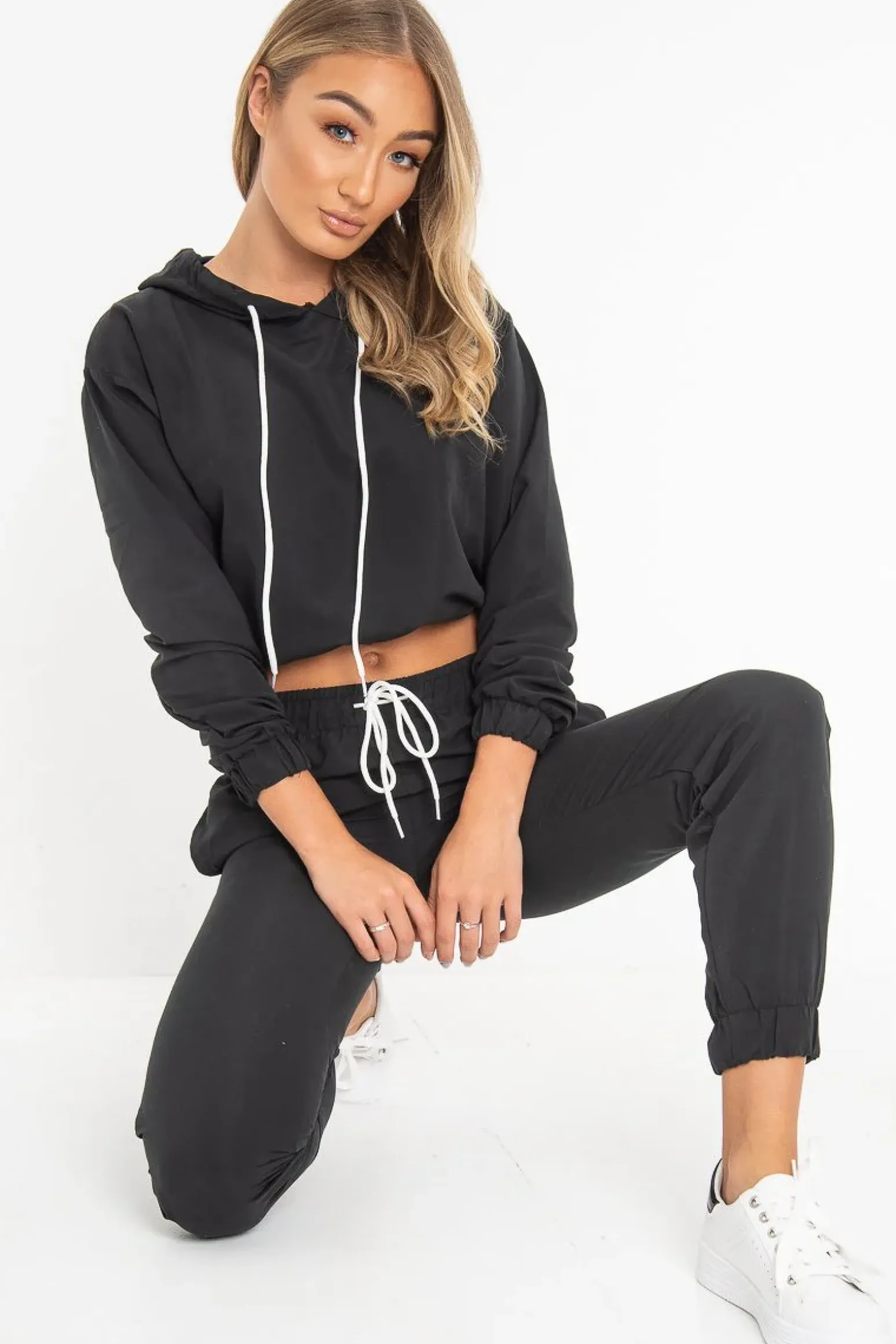 Rebellious Fashion Black Woven Drawstring Hoodie Jogger Co-Ord - Elvira
