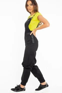 Rebellious Fashion Black Woven Leather Eyelet Detail Cuffed Dungarees - Sigrid