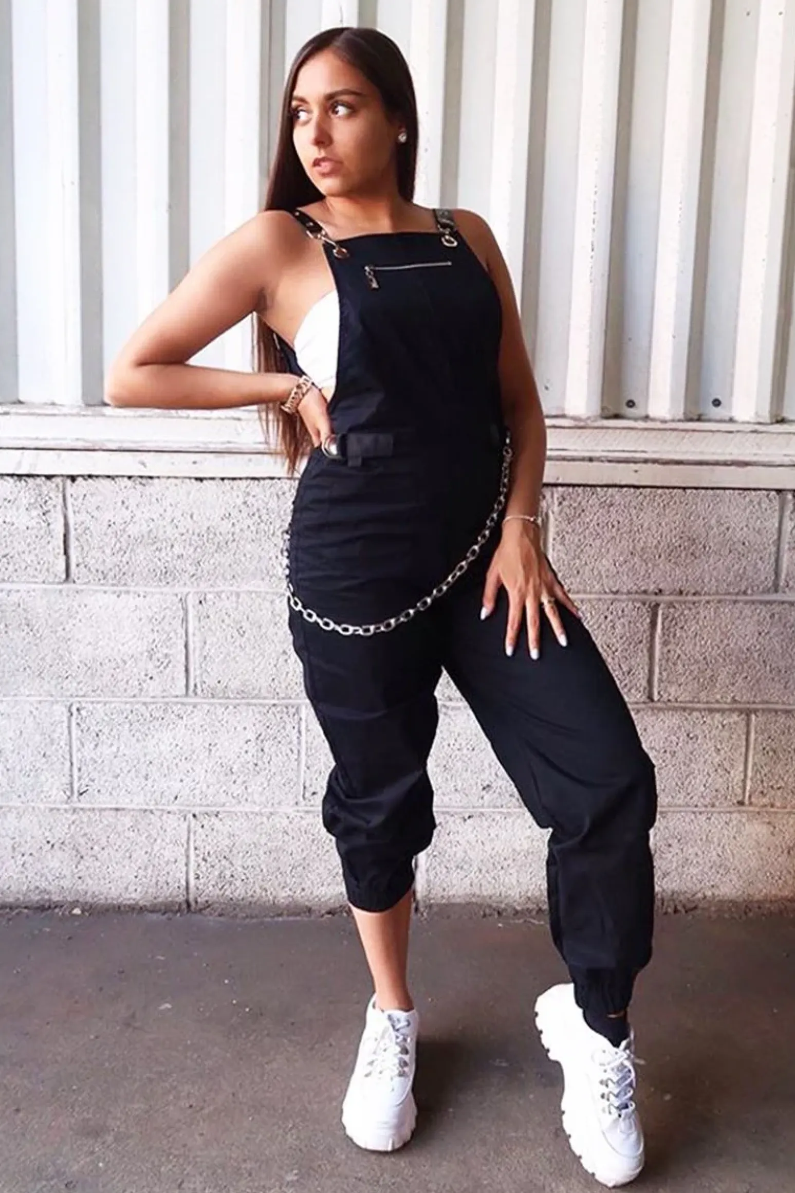 Rebellious Fashion Black Woven Leather Eyelet Detail Cuffed Dungarees - Sigrid