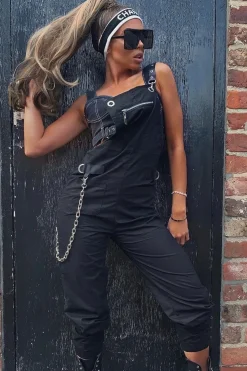 Rebellious Fashion Black Woven Leather Eyelet Detail Cuffed Dungarees - Sigrid