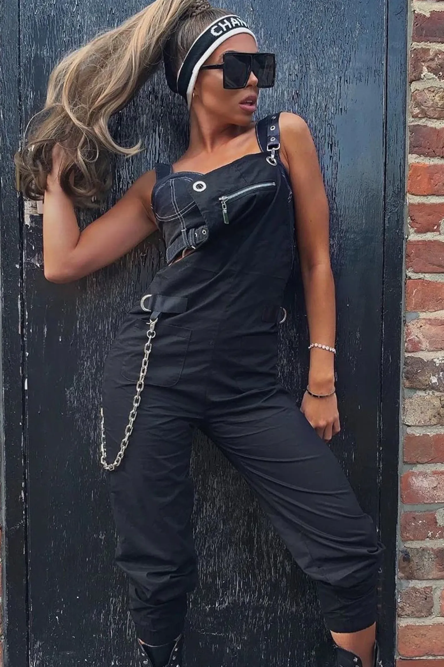 Rebellious Fashion Black Woven Leather Eyelet Detail Cuffed Dungarees - Sigrid