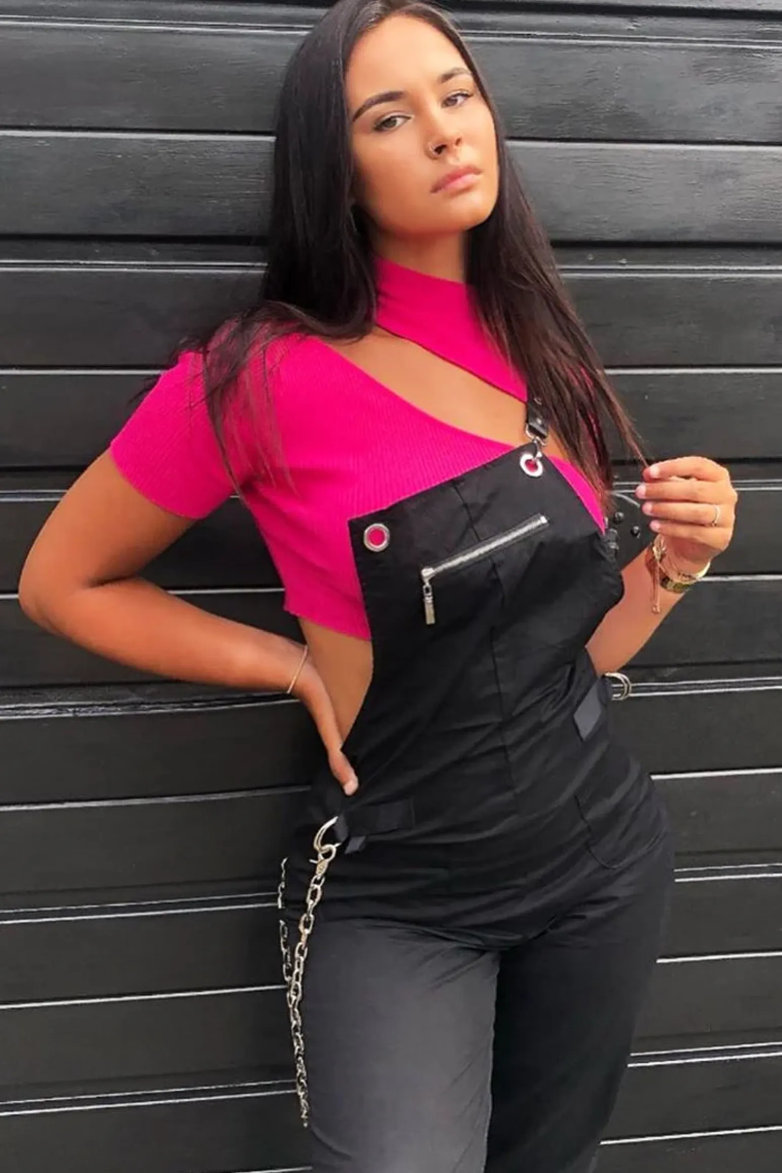 Rebellious Fashion Black Woven Leather Eyelet Detail Cuffed Dungarees - Sigrid