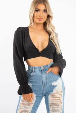 Rebellious Fashion Black Woven Plunge Button Front Crop Blouse - Katerina