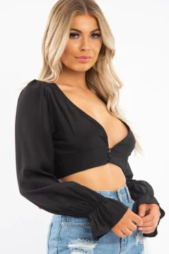 Rebellious Fashion Black Woven Plunge Button Front Crop Blouse - Katerina