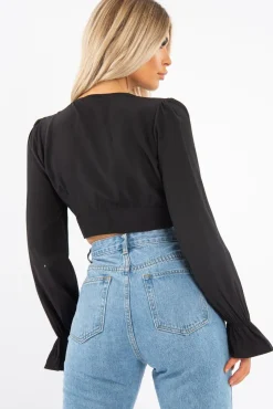 Rebellious Fashion Black Woven Plunge Button Front Crop Blouse - Katerina