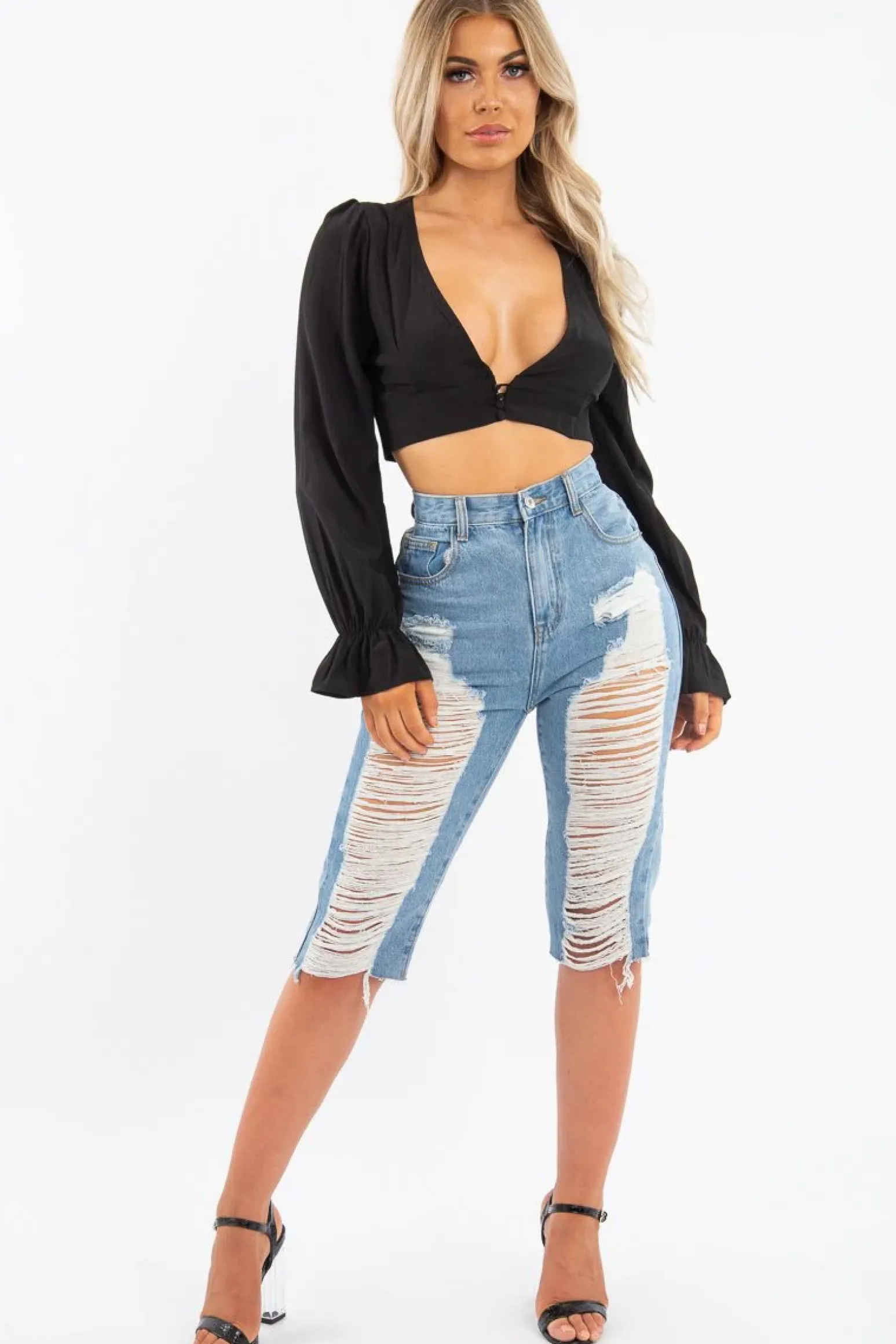 Rebellious Fashion Black Woven Plunge Button Front Crop Blouse - Katerina