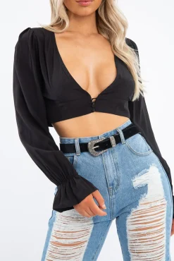 Rebellious Fashion Black Woven Plunge Button Front Crop Blouse - Katerina