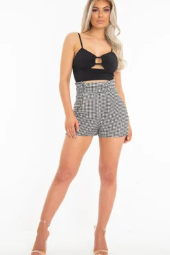 Rebellious Fashion Black Woven Plunge Ring Detail Crop Top - Lettie