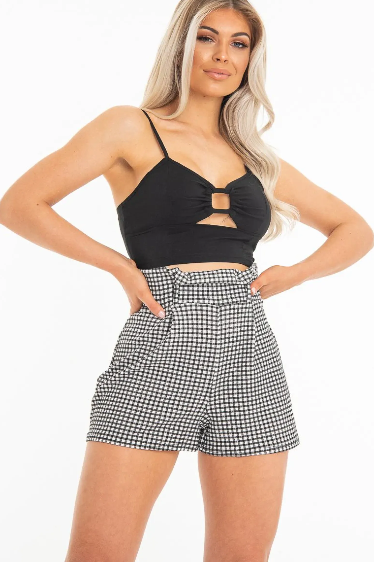 Rebellious Fashion Black Woven Plunge Ring Detail Crop Top - Lettie