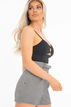 Rebellious Fashion Black Woven Plunge Ring Detail Crop Top - Lettie