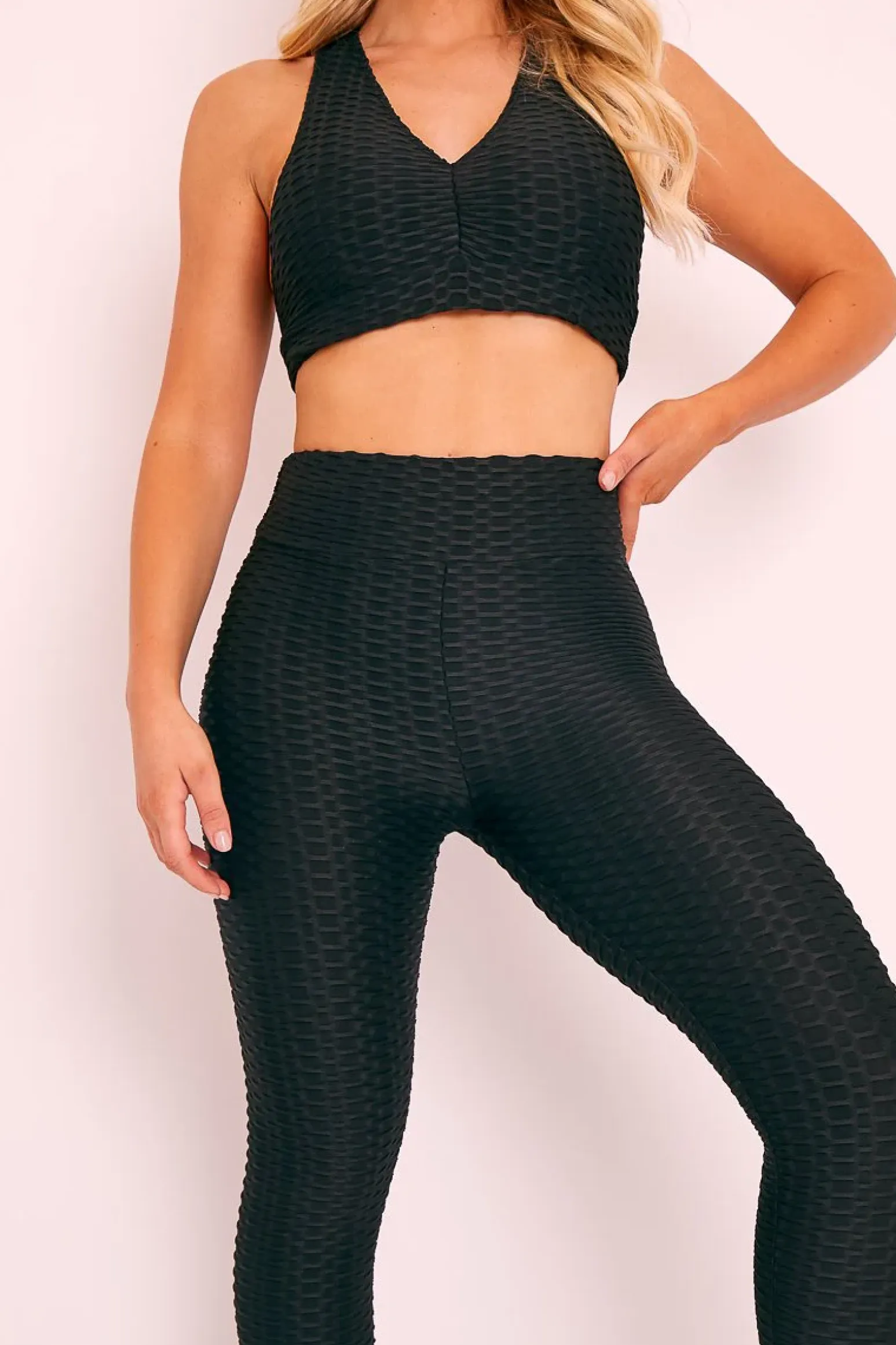 Rebellious Fashion Black Woven Ribbed Leggings and Crop Top Co-ord - Henli