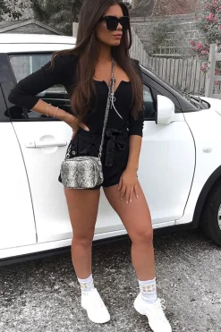 Rebellious Fashion Black Woven Tie Waist Tailored Shorts - Perrie