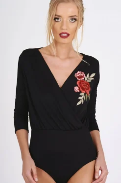 Rebellious Fashion Black Wrap Around Embroidered Bodysuit - Roisin