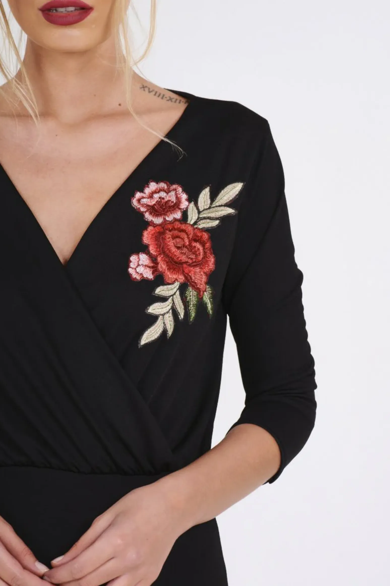 Rebellious Fashion Black Wrap Around Embroidered Bodysuit - Roisin