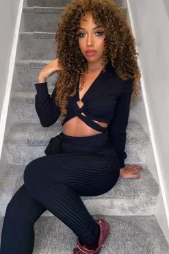 Rebellious Fashion Black Wrap Around Top and Trouser Co-ord - Fariah