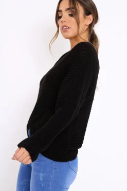 Rebellious Fashion Black Wrap Front Cable Knit Jumper - Melia