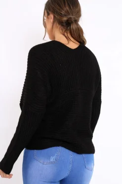 Rebellious Fashion Black Wrap Front Cable Knit Jumper - Melia