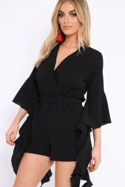 Rebellious Fashion Black Wrap Front Flare Sleeve Playsuit - Emoni