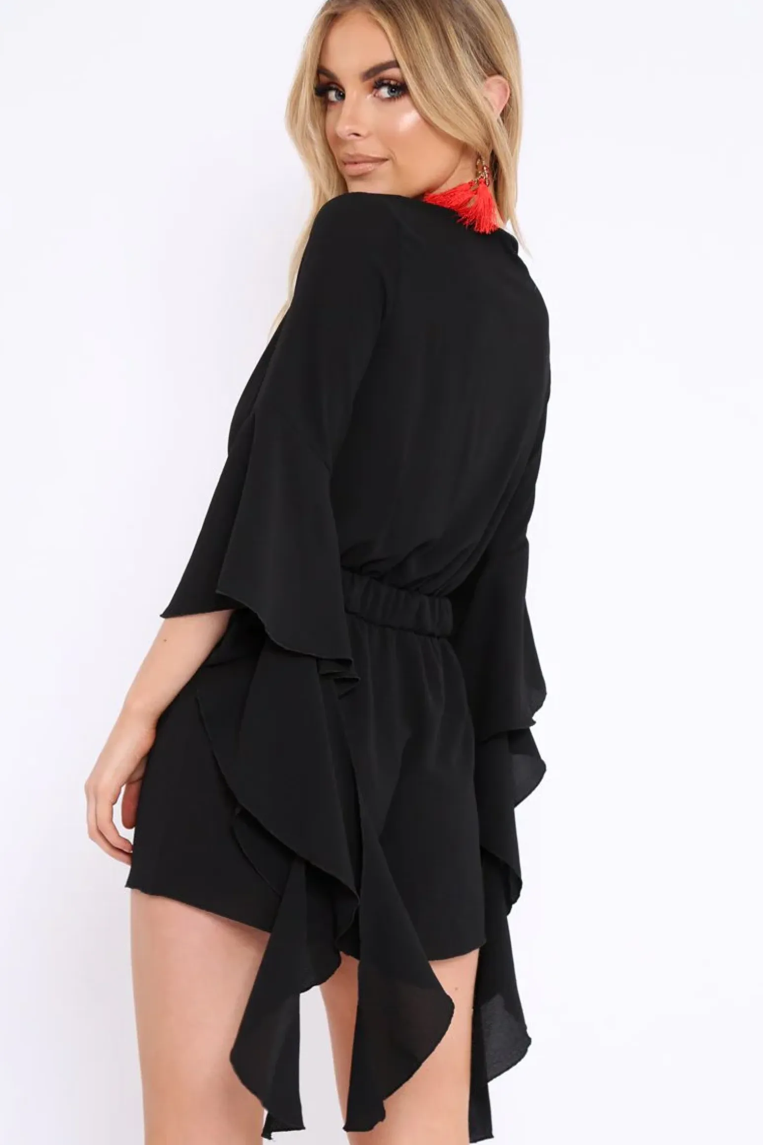 Rebellious Fashion Black Wrap Front Flare Sleeve Playsuit - Emoni
