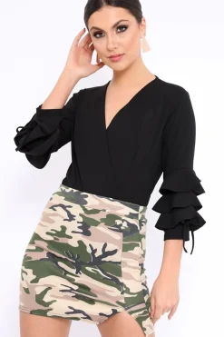 Rebellious Fashion Black Wrap Front Frill Sleeves Bodysuit - Yazlin