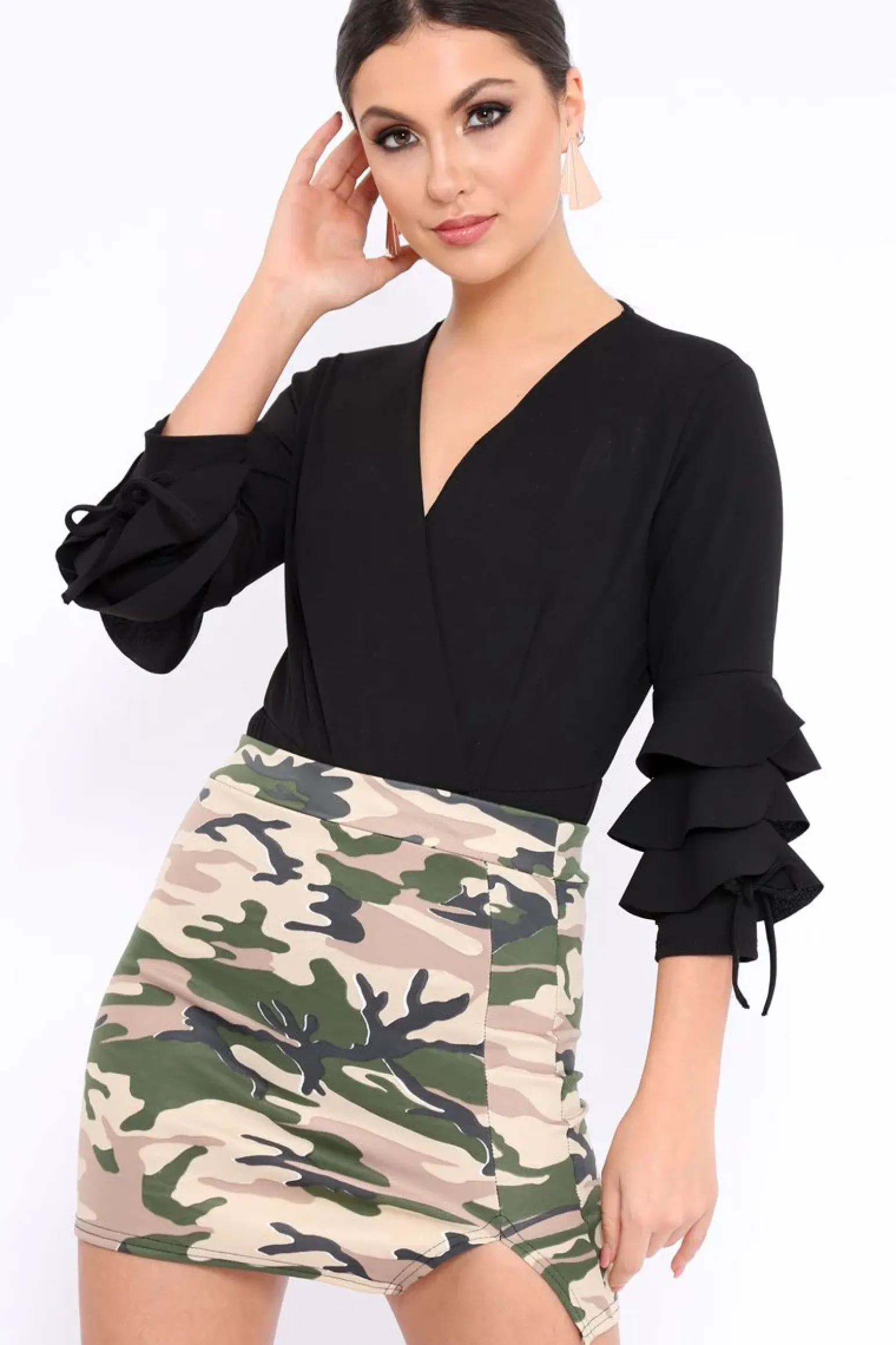 Rebellious Fashion Black Wrap Front Frill Sleeves Bodysuit - Yazlin