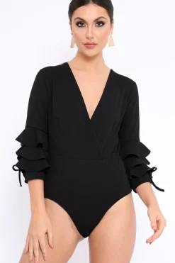 Rebellious Fashion Black Wrap Front Frill Sleeves Bodysuit - Yazlin
