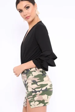 Rebellious Fashion Black Wrap Front Frill Sleeves Bodysuit - Yazlin