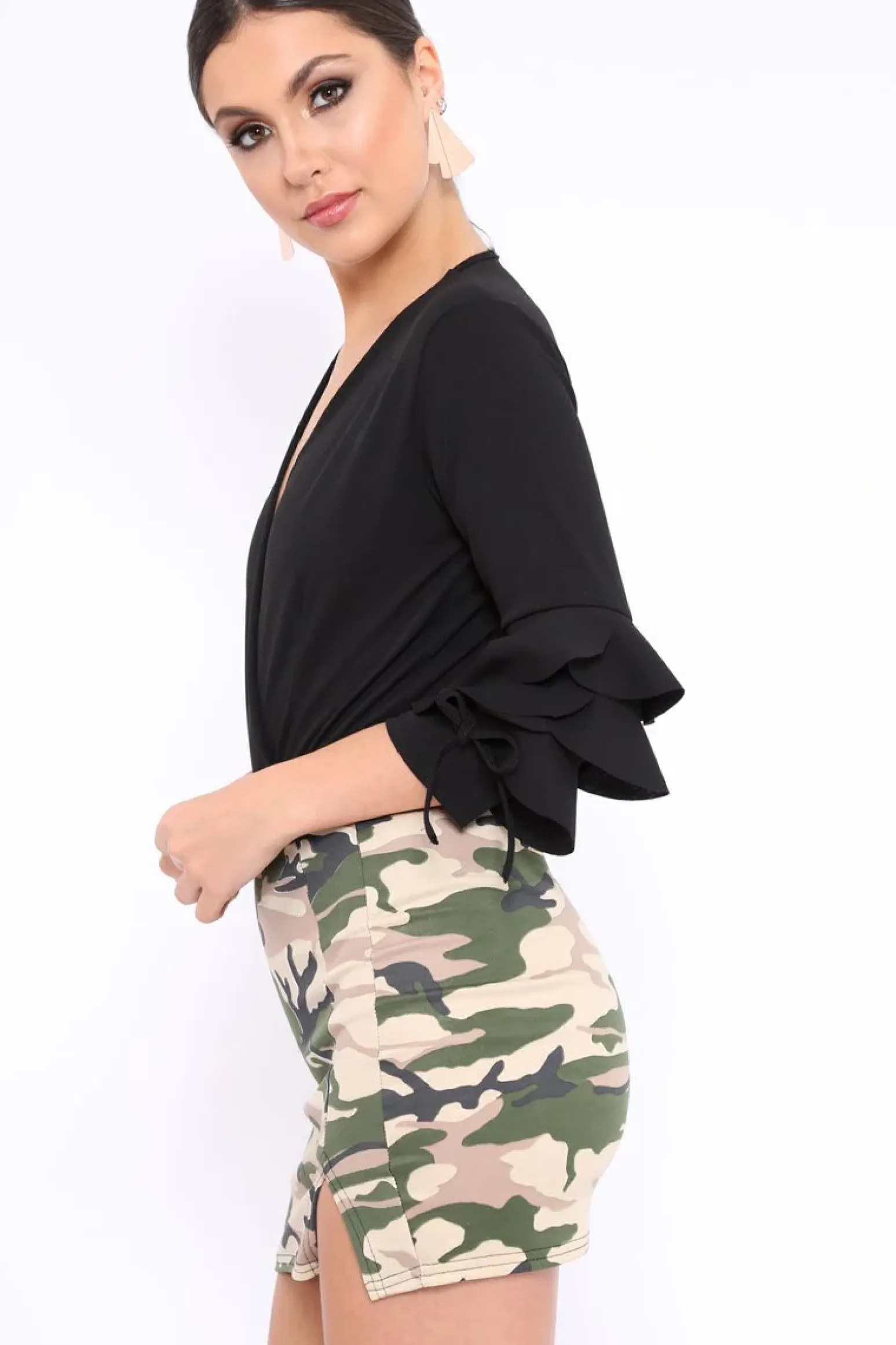 Rebellious Fashion Black Wrap Front Frill Sleeves Bodysuit - Yazlin