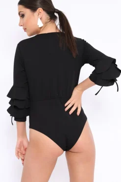 Rebellious Fashion Black Wrap Front Frill Sleeves Bodysuit - Yazlin