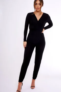 Rebellious Fashion Black Wrap Front Long Sleeved Slinky Jumpsuit - Kendal