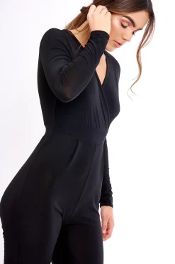 Rebellious Fashion Black Wrap Front Long Sleeved Slinky Jumpsuit - Kendal