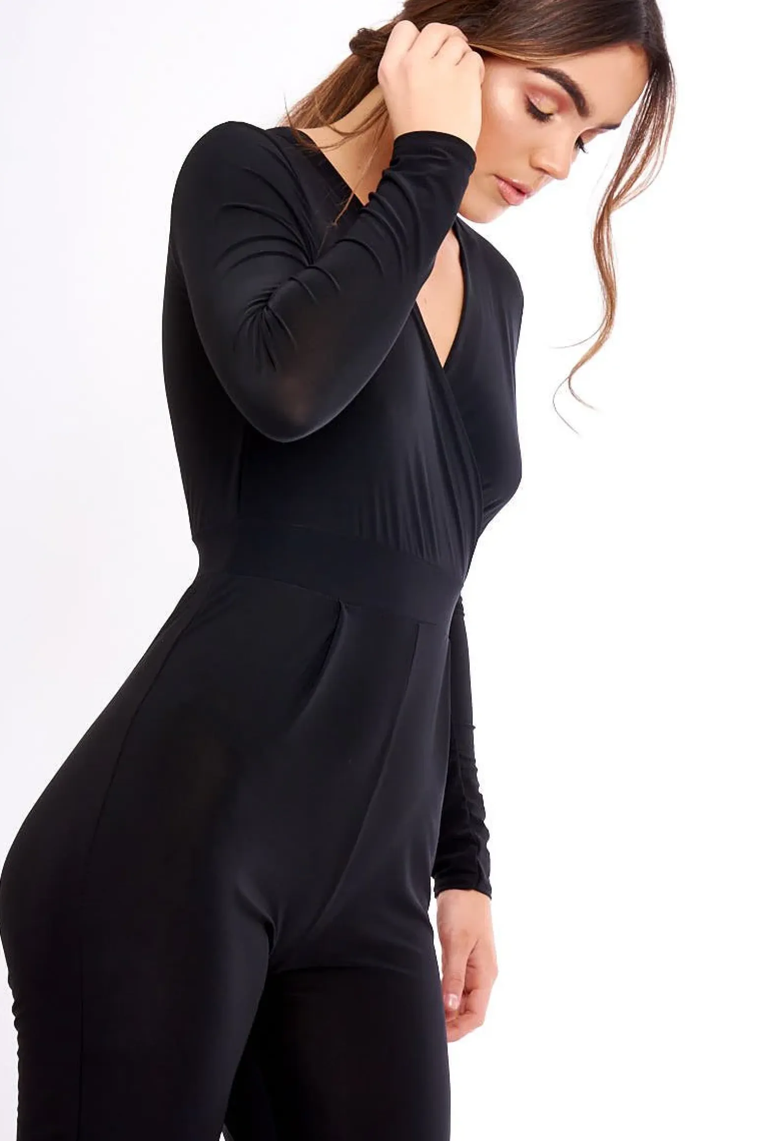 Rebellious Fashion Black Wrap Front Long Sleeved Slinky Jumpsuit - Kendal