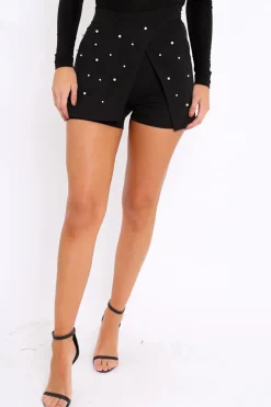 Rebellious Fashion Black Wrap Front Pearl Skort - Kelsie