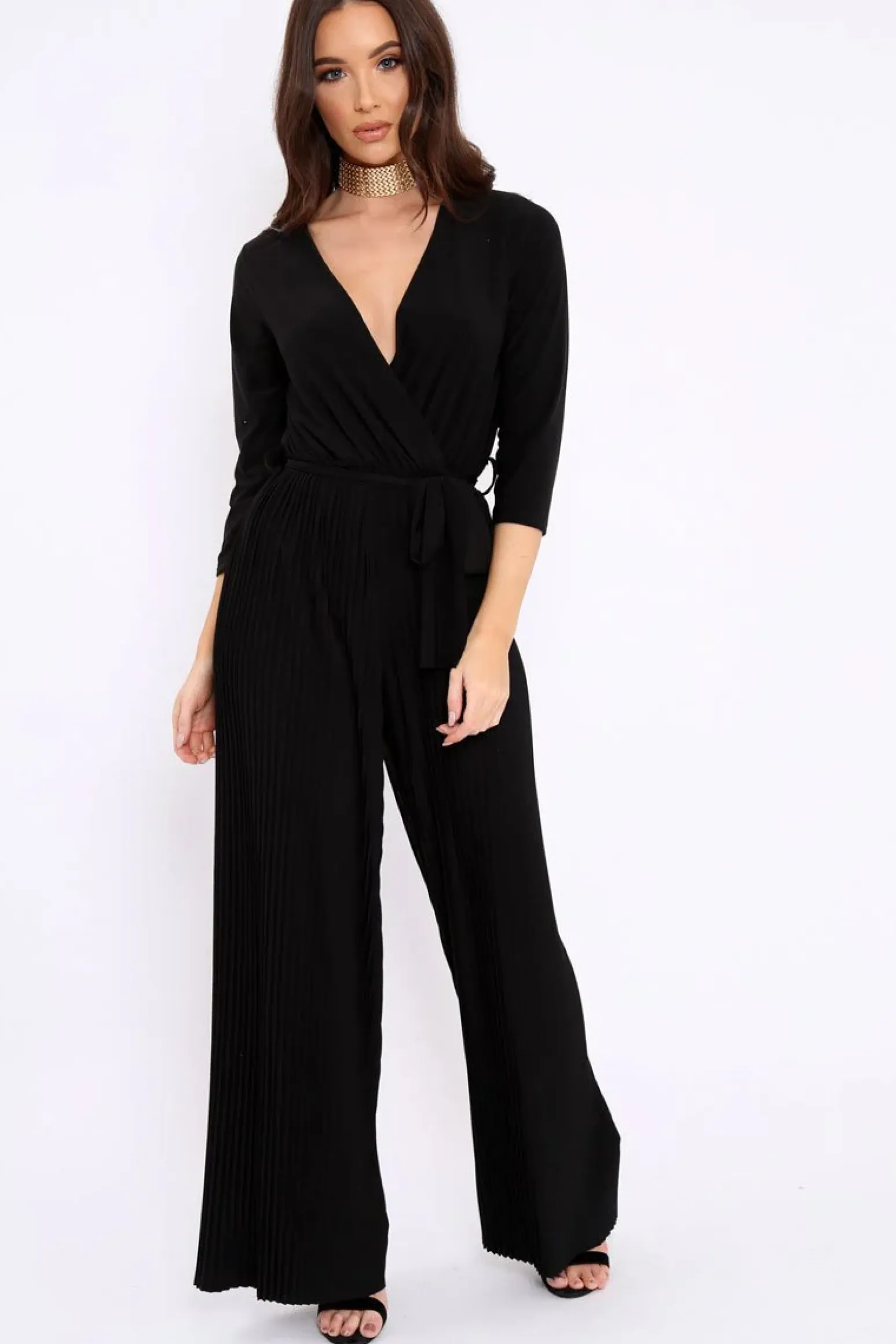 Rebellious Fashion Black Wrap Front Plisse Leg Jumpsuit - Haiden