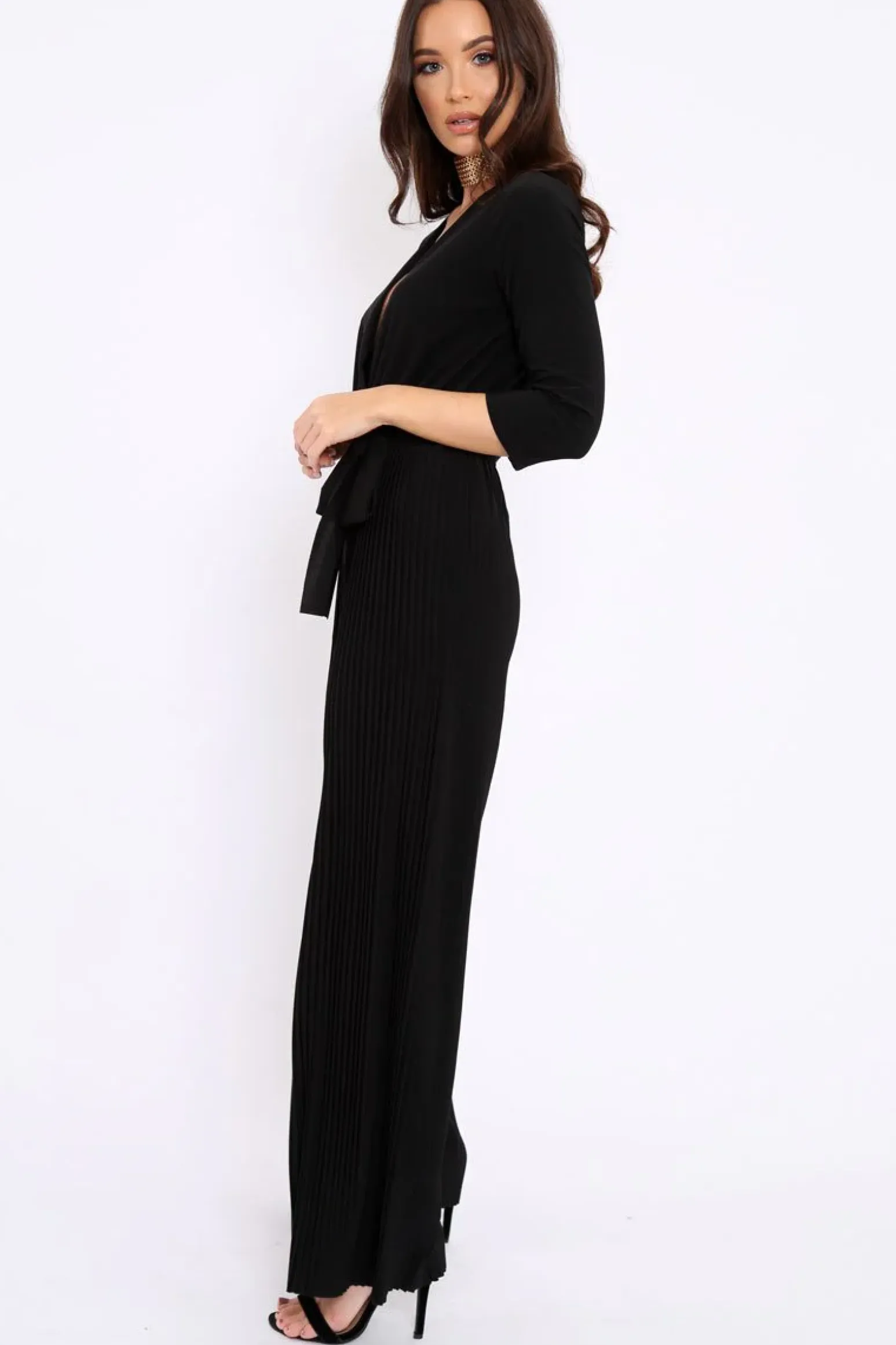 Rebellious Fashion Black Wrap Front Plisse Leg Jumpsuit - Haiden