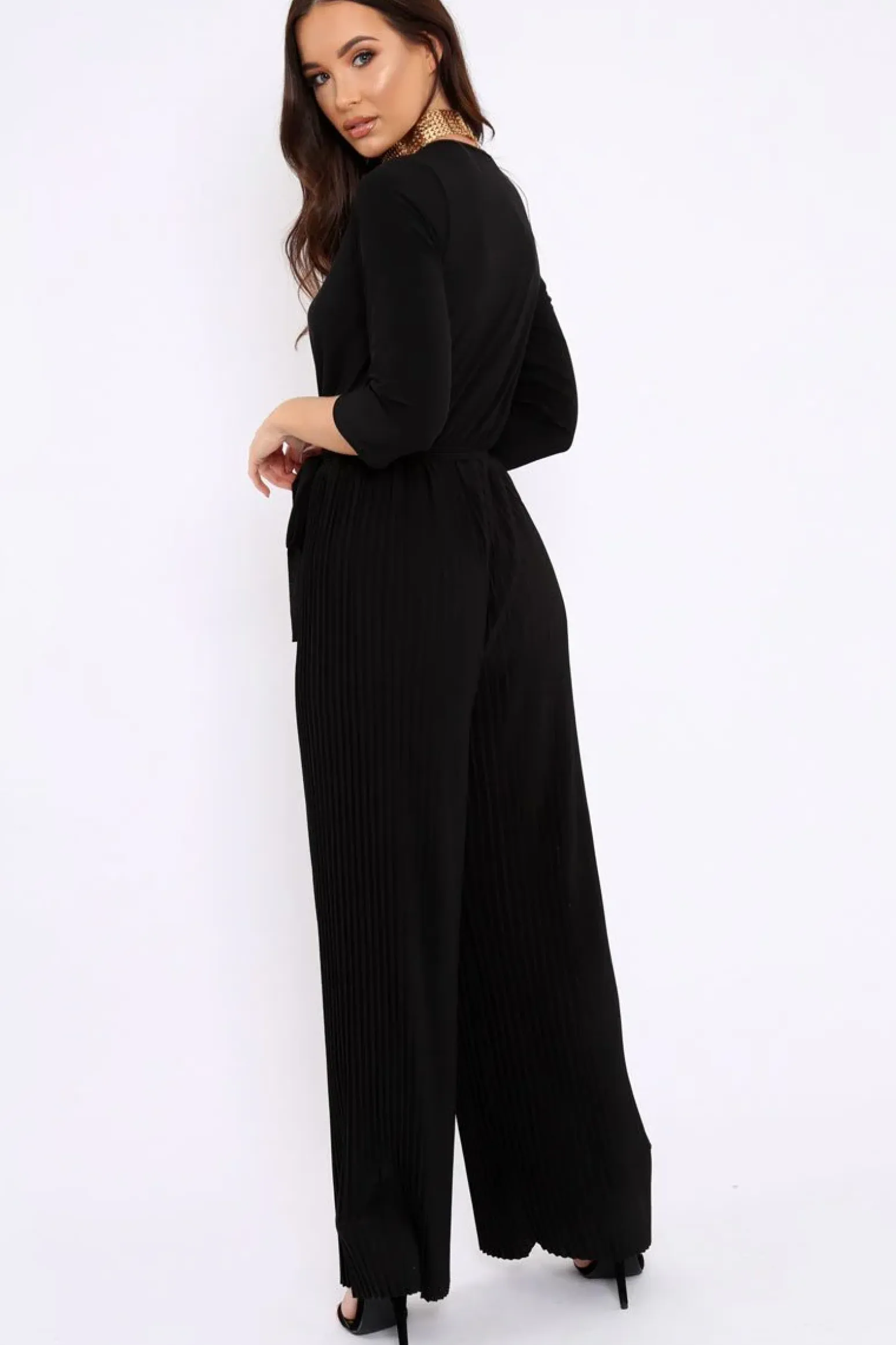 Rebellious Fashion Black Wrap Front Plisse Leg Jumpsuit - Haiden