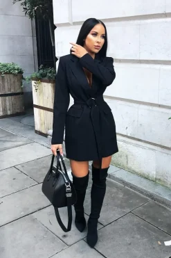 Rebellious Fashion Black Wrap Over Belted Blazer - Holden
